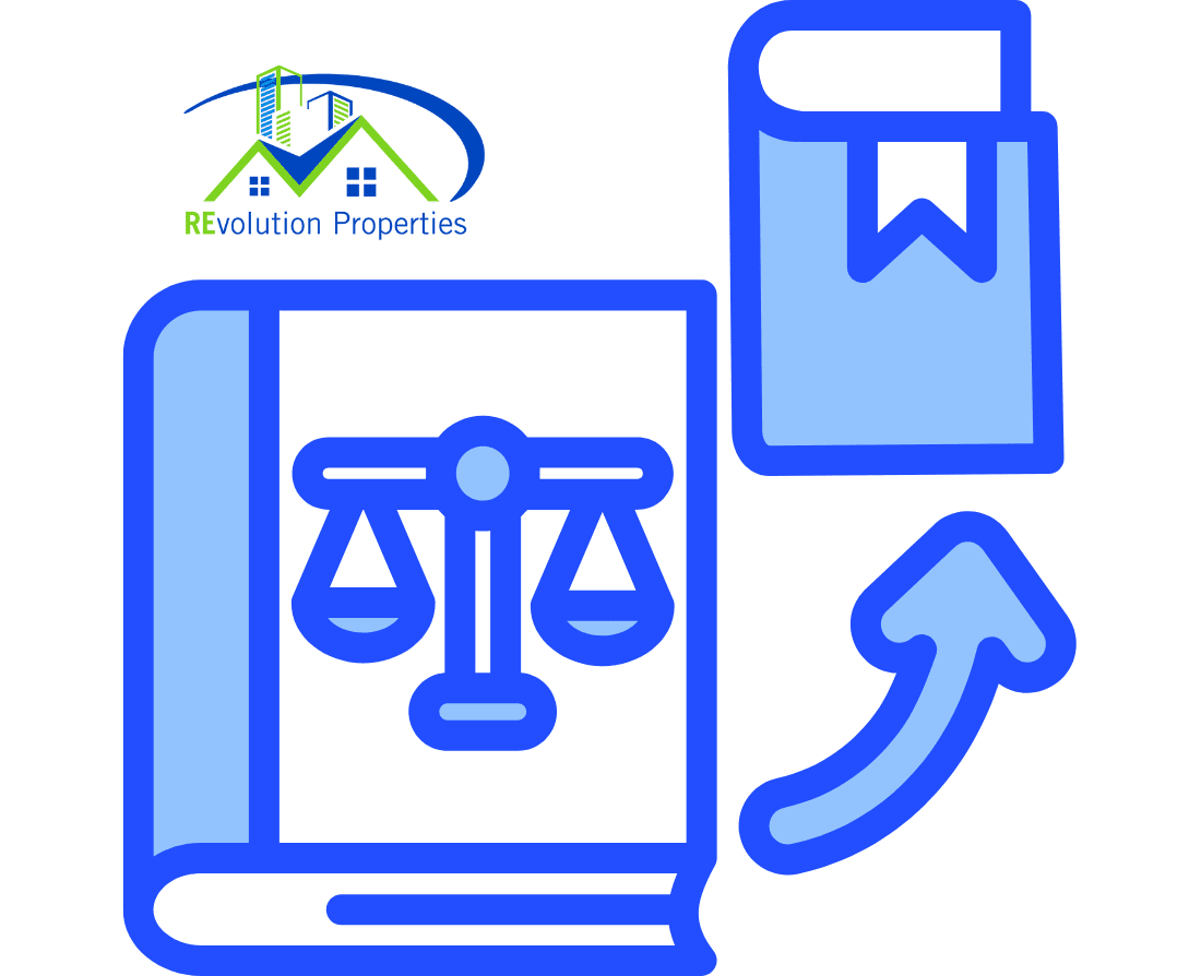 Graphic with the Revolution Properties logo above two large blue book icons. One book shows the scales of justice on its cover, and the other has a bookmark. An arrow points upward toward the bookmarked book, symbolizing legal knowledge or guidance.