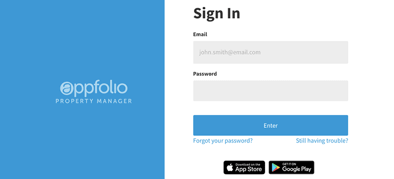 AppFolio Property Manager login page showing email and password fields, a blue Enter button, links for password help, and download options for the App Store and Google Play.